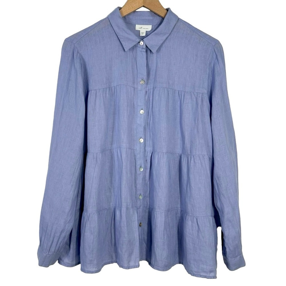 J Jill Love Linen Ruffle Tiered Button Up Blouse Womens Size Medium‎